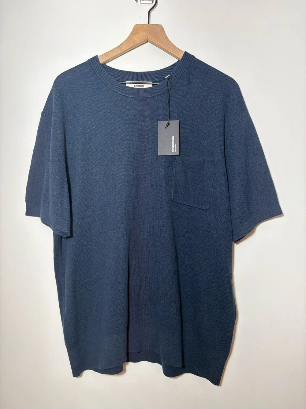 Buck Mason Yuma Hemp Ribbed Knit Pocket Tee Washed Navy Mens XL $128 Retail